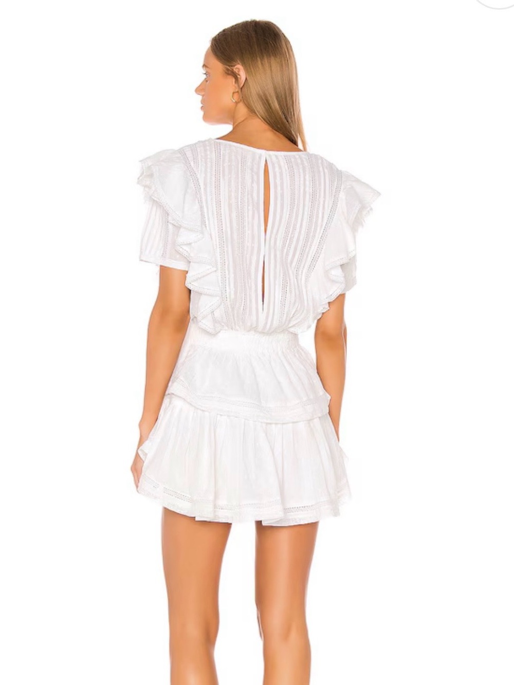 LoveShackFancy- Natasha Double Ruffled Flutter Sleeve White Mini Dress. Size: XS - Picture 6 of 10